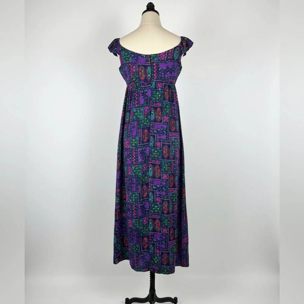 Vintage Hawaiian Purple Psychedelic Floral Patterned Maxi Dress Cap Sleeve Sa-Ne - Picture 4 of 16